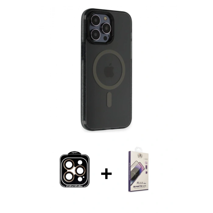 MARSİLYAN™- iPhone 14 Pro Max Kılıf Yankı Işık Prime - Siyah Bilvis 3D Mat Cam Ekran Koruyucu + PVD Metal Kamera Lens - TU