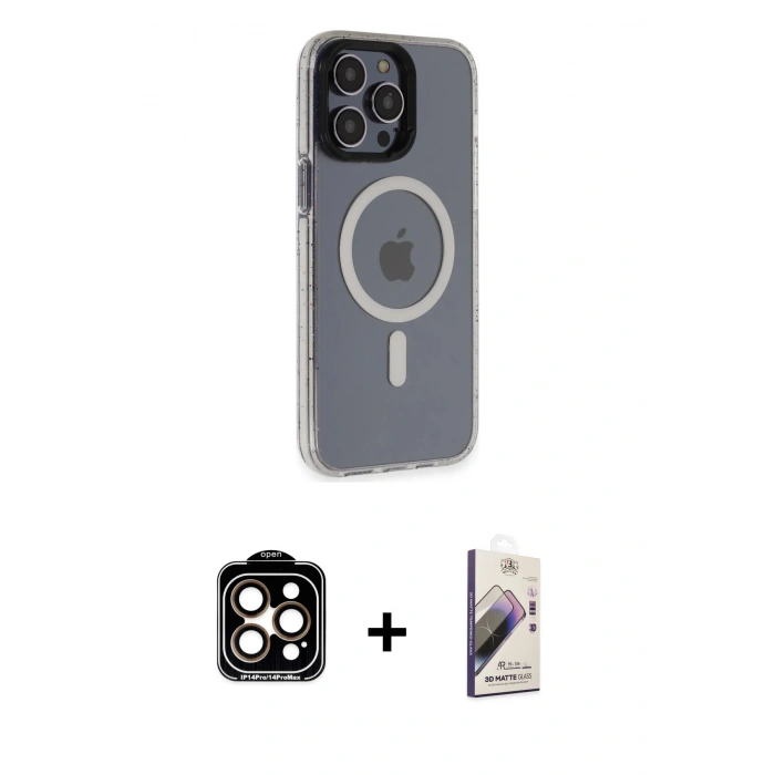MARSİLYAN™- iPhone 14 Pro Max Kılıf Yankı Işık Prime - Siyah Bilvis 3D Mat Cam Ekran Koruyucu + PVD Metal Kamera Lens - TU