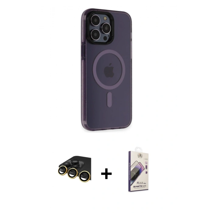 MARSİLYAN™- iPhone 14 Pro Max Kılıf Yankı Işık Prime - Siyah Bilvis 3D Mat Cam Ekran Koruyucu + Raze Metal Kamera Lens - GD
