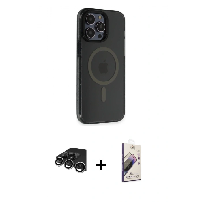MARSİLYAN™- iPhone 14 Pro Max Kılıf Yankı Işık Prime - Siyah Bilvis 3D Mat Cam Ekran Koruyucu + Raze Metal Kamera Lens - GS
