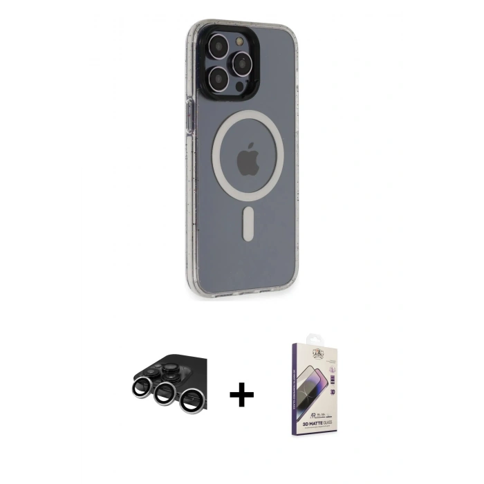 MARSİLYAN™- iPhone 14 Pro Max Kılıf Yankı Işık Prime - Siyah Bilvis 3D Mat Cam Ekran Koruyucu + Raze Metal Kamera Lens - GS