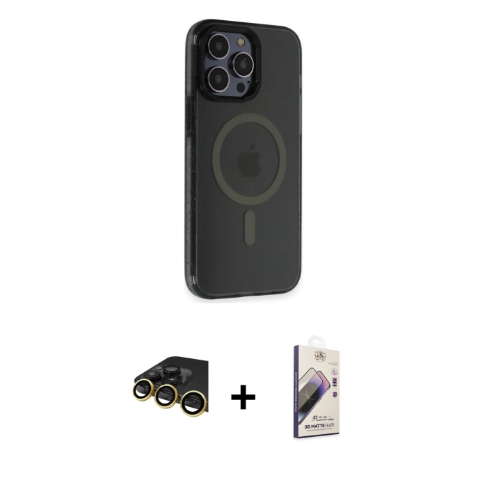 MARSİLYAN™- iPhone 14 Pro Max Kılıf Yankı Işık Prime - Siyah Bilvis 3D Mat Cam Ekran Koruyucu + Raze Metal Kamera Lens - GD