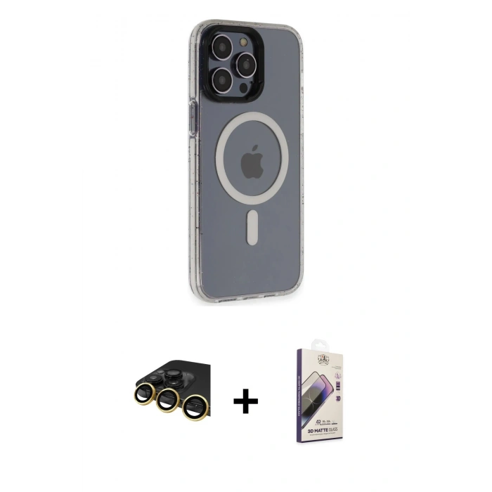 MARSİLYAN™- iPhone 14 Pro Max Kılıf Yankı Işık Prime - Siyah Bilvis 3D Mat Cam Ekran Koruyucu + Raze Metal Kamera Lens - GD