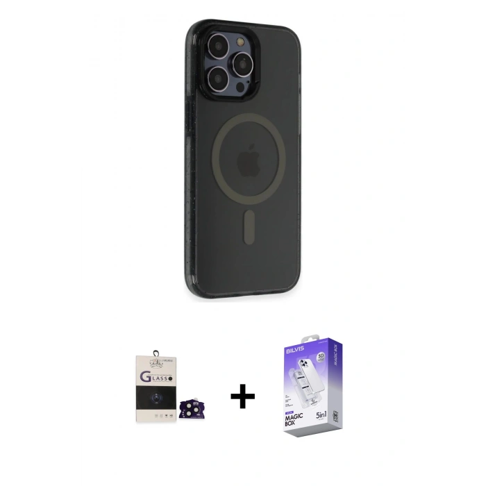 MARSİLYAN™- iPhone 14 Pro Max Kılıf Yankı Işık Prime - Siyah Bilvis 5in1 3D Magic Cam Ekran Koruyucu + Bilvis Titan Kamera Lens - SH