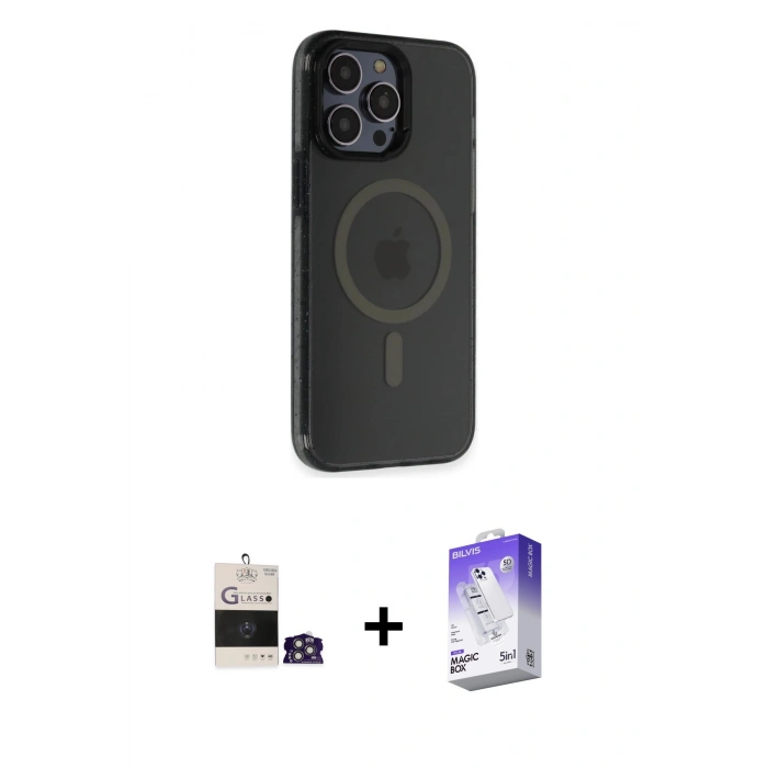 MARSİLYAN™- iPhone 14 Pro Max Kılıf Yankı Işık Prime - Siyah Bilvis 5in1 3D Magic Cam Ekran Koruyucu + Bilvis Titan Kamera Lens - GS