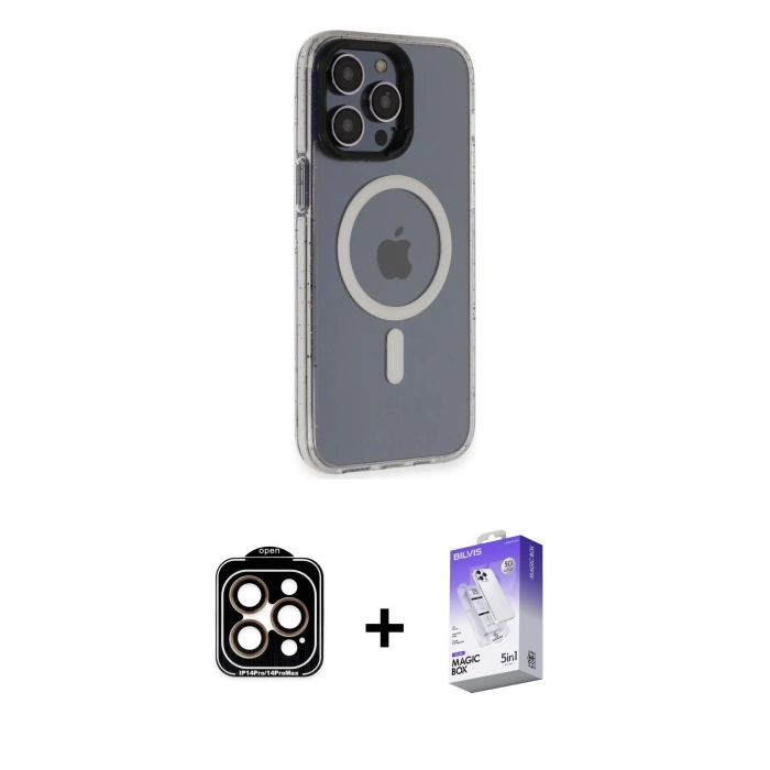 MARSİLYAN™- iPhone 14 Pro Max Kılıf Yankı Işık Prime - Siyah Bilvis 5in1 3D Magic Cam Ekran Koruyucu + PVD Metal Kamera Lens - TU