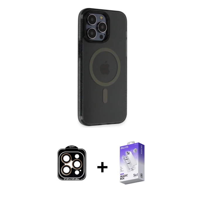 MARSİLYAN™- iPhone 14 Pro Max Kılıf Yankı Işık Prime - Siyah Bilvis 5in1 3D Magic Cam Ekran Koruyucu + PVD Metal Kamera Lens - TU