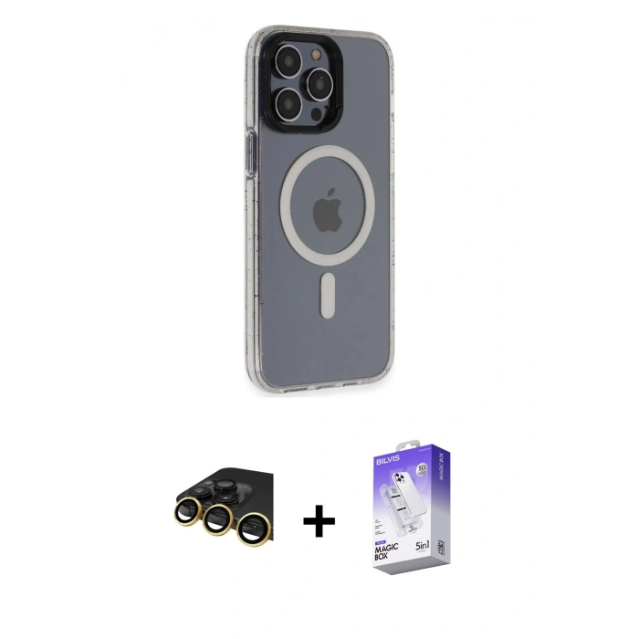 MARSİLYAN™- iPhone 14 Pro Max Kılıf Yankı Işık Prime - Siyah Bilvis 5in1 3D Magic Cam Ekran Koruyucu + Raze Metal Kamera Lens - GD