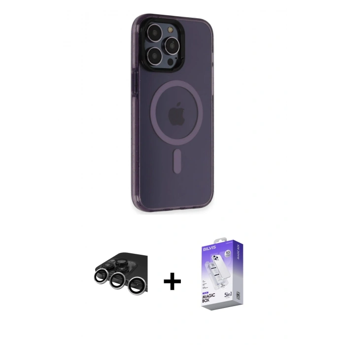 MARSİLYAN™- iPhone 14 Pro Max Kılıf Yankı Işık Prime - Siyah Bilvis 5in1 3D Magic Cam Ekran Koruyucu + Raze Metal Kamera Lens - GS