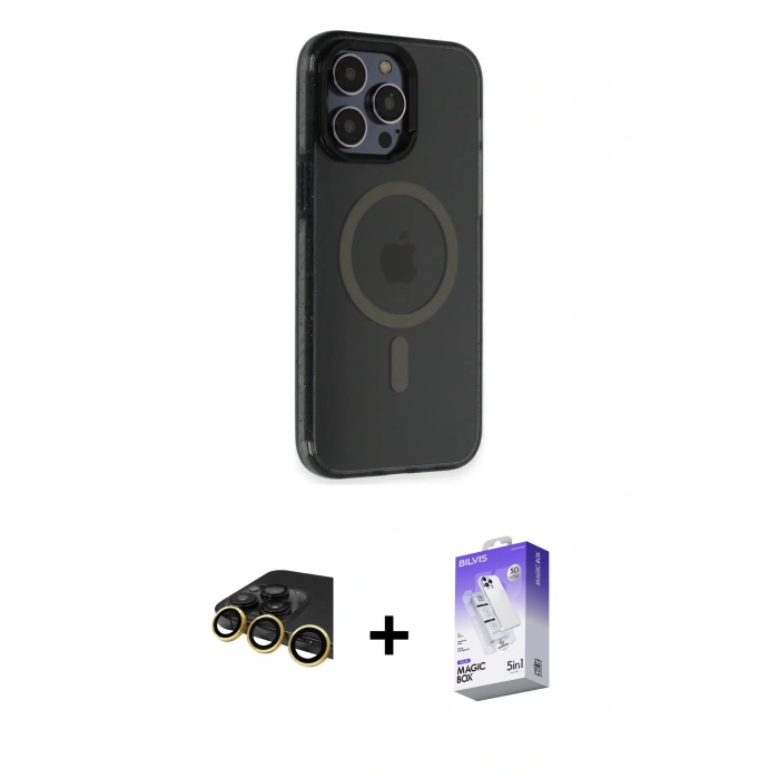 MARSİLYAN™- iPhone 14 Pro Max Kılıf Yankı Işık Prime - Siyah Bilvis 5in1 3D Magic Cam Ekran Koruyucu + Raze Metal Kamera Lens - GD