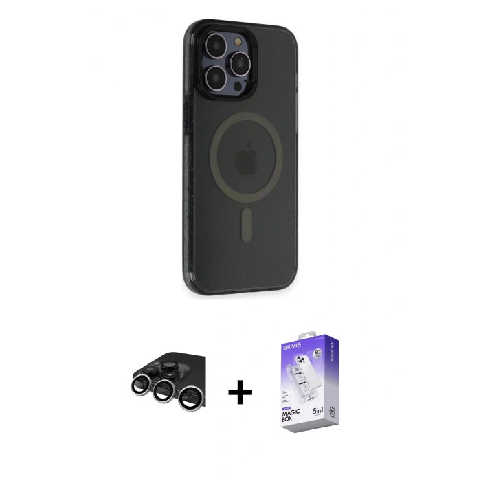 MARSİLYAN™- iPhone 14 Pro Max Kılıf Yankı Işık Prime - Siyah Bilvis 5in1 3D Magic Cam Ekran Koruyucu + Raze Metal Kamera Lens - GS