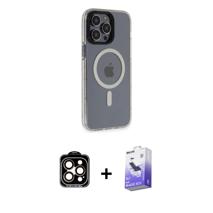 MARSİLYAN™- iPhone 14 Pro Max Kılıf Yankı Işık Prime - Siyah Bilvis 5in1 5D Magic Hayalet Cam Ekran Koruyucu + PVD Metal Kamera Lens - TU