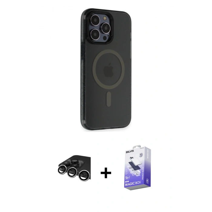 MARSİLYAN™- iPhone 14 Pro Max Kılıf Yankı Işık Prime - Siyah Bilvis 5in1 5D Magic Hayalet Cam Ekran Koruyucu + Raze Metal Kamera Lens - GS