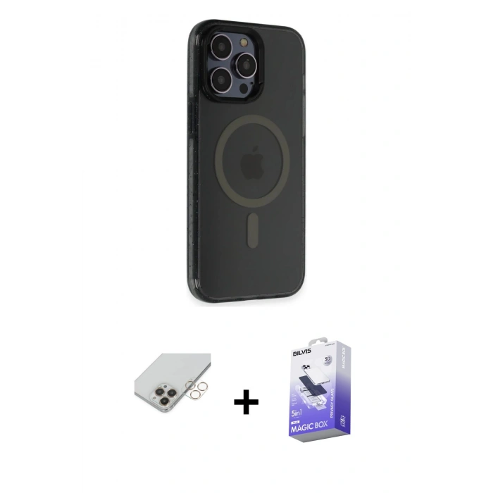 MARSİLYAN™- iPhone 14 Pro Max Kılıf Yankı Işık Prime - Siyah Bilvis 5in1 5D Magic Hayalet Cam Ekran Koruyucu + Band Metal Kamera Lens - GD