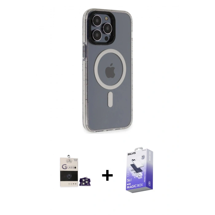 MARSİLYAN™- iPhone 14 Pro Max Kılıf Yankı Işık Prime - Siyah Bilvis 5in1 5D Magic Hayalet Cam Ekran Koruyucu + Bilvis Titan Kamera Lens - GS