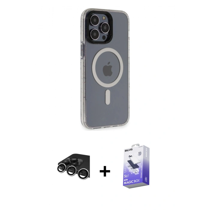 MARSİLYAN™- iPhone 14 Pro Max Kılıf Yankı Işık Prime - Siyah Bilvis 5in1 5D Magic Hayalet Cam Ekran Koruyucu + Raze Metal Kamera Lens - GS