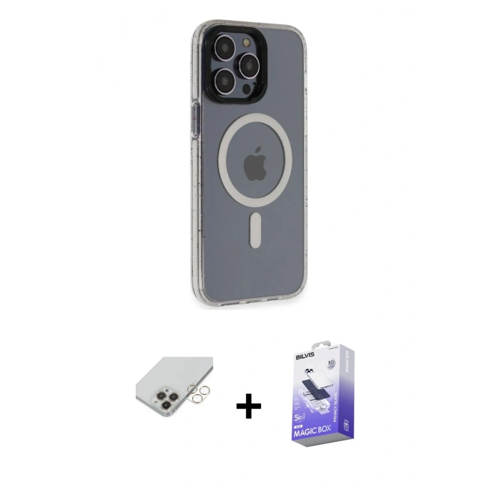 MARSİLYAN™- iPhone 14 Pro Max Kılıf Yankı Işık Prime - Siyah Bilvis 5in1 5D Magic Hayalet Cam Ekran Koruyucu + Band Metal Kamera Lens - GD