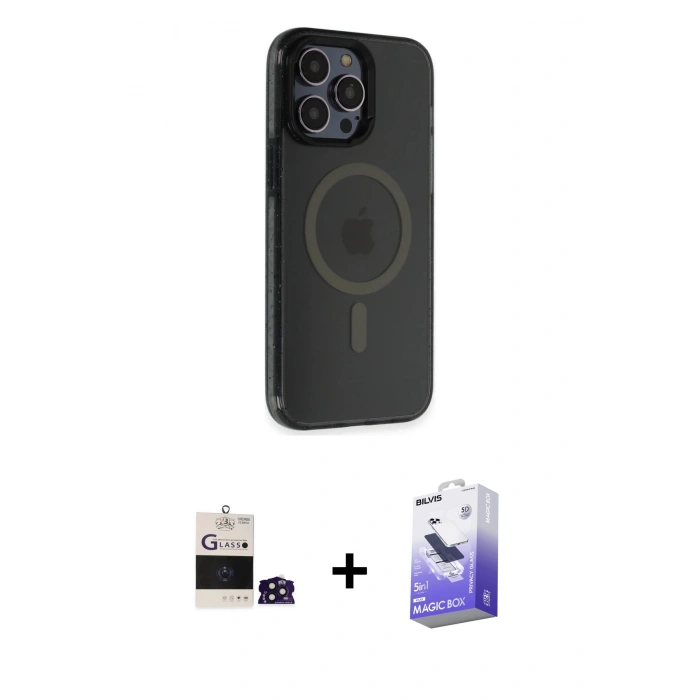 MARSİLYAN™- iPhone 14 Pro Max Kılıf Yankı Işık Prime - Siyah Bilvis 5in1 5D Magic Hayalet Cam Ekran Koruyucu + Bilvis Titan Kamera Lens - DNMR