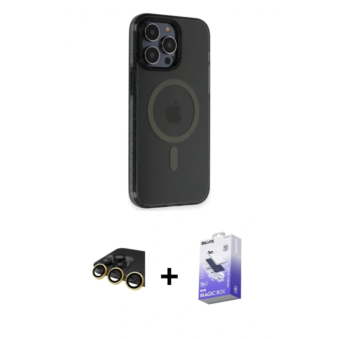MARSİLYAN™- iPhone 14 Pro Max Kılıf Yankı Işık Prime - Siyah Bilvis 5in1 5D Magic Hayalet Cam Ekran Koruyucu + Raze Metal Kamera Lens - GD