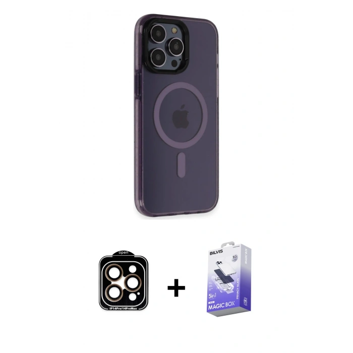 MARSİLYAN™- iPhone 14 Pro Max Kılıf Yankı Işık Prime - Siyah Bilvis 5in1 5D Magic Hayalet Cam Ekran Koruyucu + PVD Metal Kamera Lens - TU