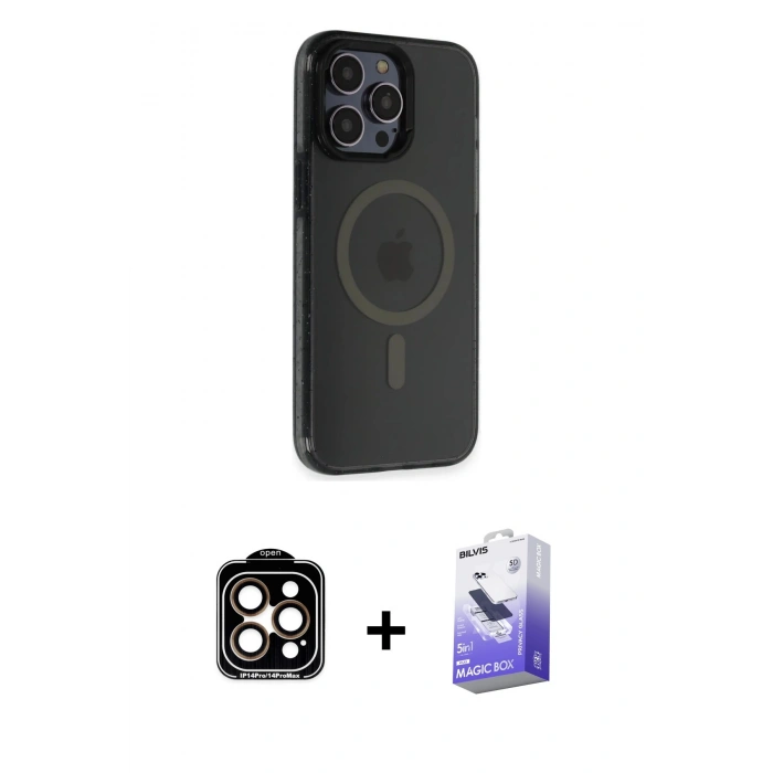 MARSİLYAN™- iPhone 14 Pro Max Kılıf Yankı Işık Prime - Siyah Bilvis 5in1 5D Magic Hayalet Cam Ekran Koruyucu + PVD Metal Kamera Lens - TU