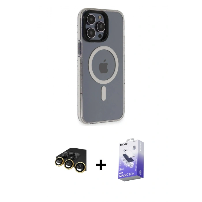 MARSİLYAN™- iPhone 14 Pro Max Kılıf Yankı Işık Prime - Siyah Bilvis 5in1 5D Magic Hayalet Cam Ekran Koruyucu + Raze Metal Kamera Lens - GD