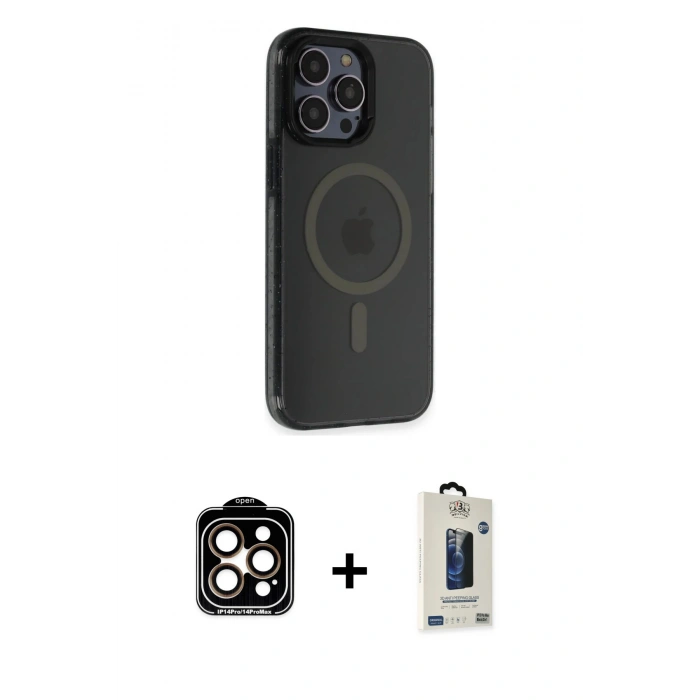 MARSİLYAN™- iPhone 14 Pro Max Kılıf Yankı Işık Prime - Siyah Bilvis Hayalet Cam Ekran Koruyucu + PVD Metal Kamera Lens - TU