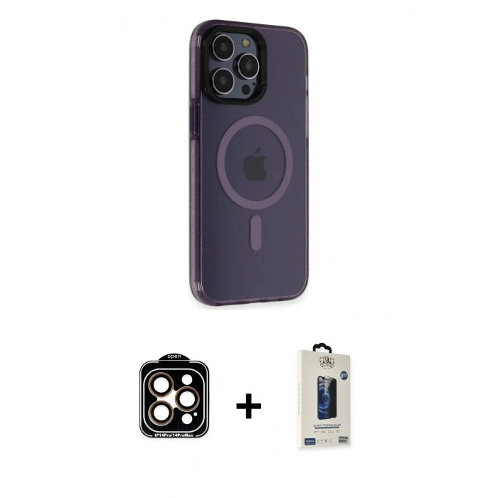 MARSİLYAN™- iPhone 14 Pro Max Kılıf Yankı Işık Prime - Siyah Bilvis Hayalet Cam Ekran Koruyucu + PVD Metal Kamera Lens - TU