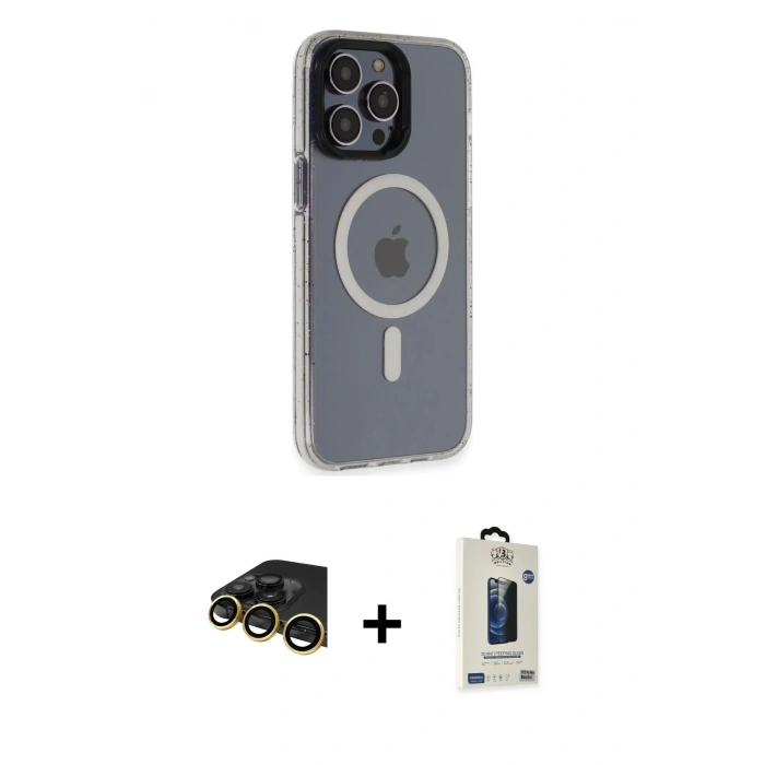 MARSİLYAN™- iPhone 14 Pro Max Kılıf Yankı Işık Prime - Siyah Bilvis Hayalet Cam Ekran Koruyucu + Raze Metal Kamera Lens - GD