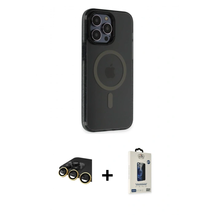 MARSİLYAN™- iPhone 14 Pro Max Kılıf Yankı Işık Prime - Siyah Bilvis Hayalet Cam Ekran Koruyucu + Raze Metal Kamera Lens - GD