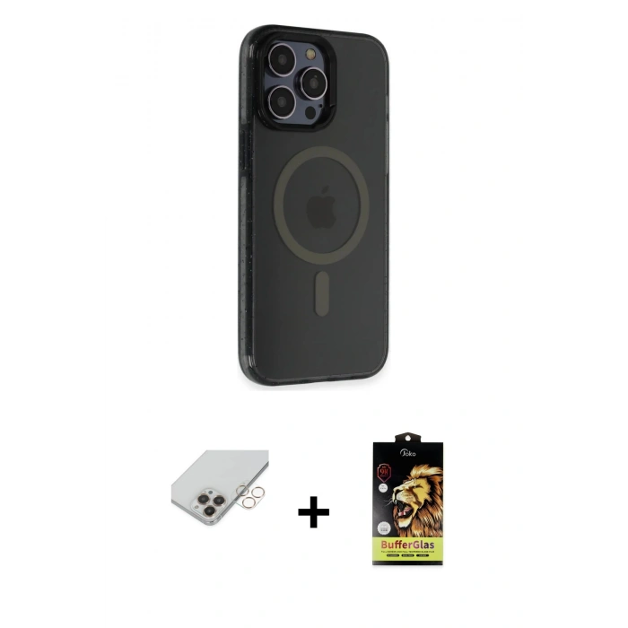 MARSİLYAN™- iPhone 14 Pro Max Kılıf Yankı Işık Prime - Siyah Buffer Cam Ekran Koruyucu + Band Metal Kamera Lens - GD