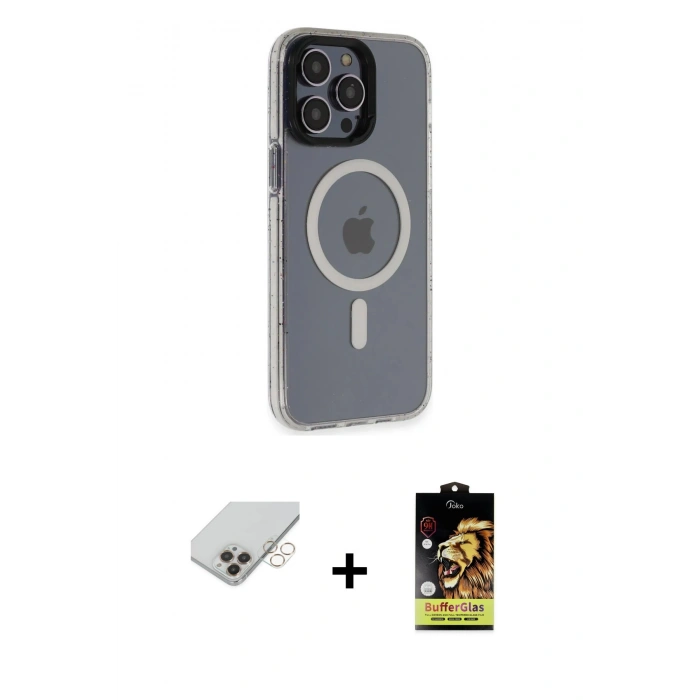 MARSİLYAN™- iPhone 14 Pro Max Kılıf Yankı Işık Prime - Siyah Buffer Cam Ekran Koruyucu + Band Metal Kamera Lens - GD