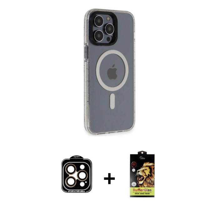 MARSİLYAN™- iPhone 14 Pro Max Kılıf Yankı Işık Prime - Siyah Buffer Cam Ekran Koruyucu + PVD Metal Kamera Lens - TU