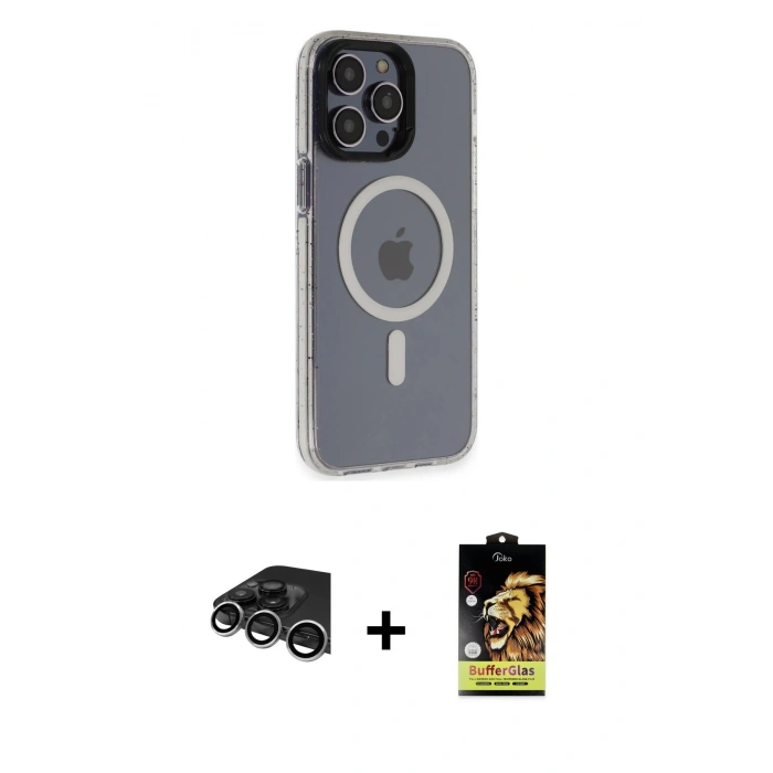MARSİLYAN™- iPhone 14 Pro Max Kılıf Yankı Işık Prime - Siyah Buffer Cam Ekran Koruyucu + Raze Metal Kamera Lens - GS