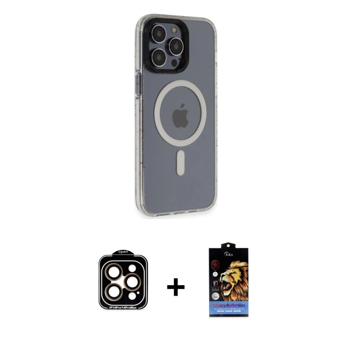 MARSİLYAN™- iPhone 14 Pro Max Kılıf Yankı Işık Prime - Siyah Buffer Hayalet Cam Ekran Koruyucu + PVD Metal Kamera Lens - TU
