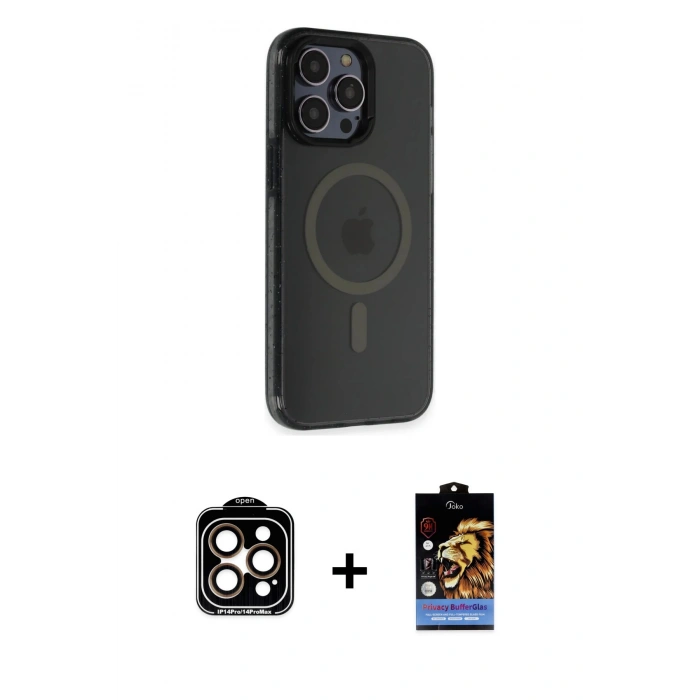 MARSİLYAN™- iPhone 14 Pro Max Kılıf Yankı Işık Prime - Siyah Buffer Hayalet Cam Ekran Koruyucu + PVD Metal Kamera Lens - TU