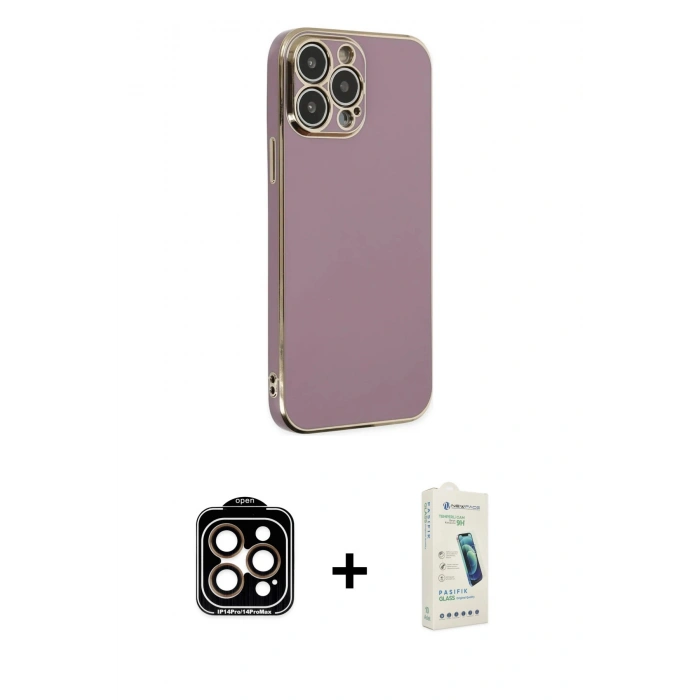 MARSİLYAN™- iPhone 14 Pro Max Kılıf Yankı Serisi - Şeffaf Pasifik Cam Ekran Koruyucu + PVD Metal Kamera Lens - TU