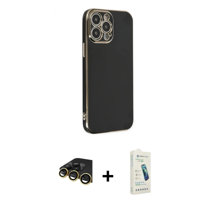 MARSİLYAN™- iPhone 14 Pro Max Kılıf Yankı Serisi - Şeffaf Pasifik Cam Ekran Koruyucu + Raze Metal Kamera Lens - GD