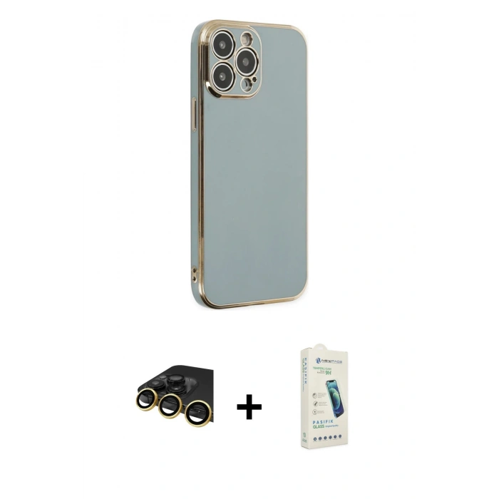 MARSİLYAN™- iPhone 14 Pro Max Kılıf Yankı Serisi - Şeffaf Pasifik Cam Ekran Koruyucu + Raze Metal Kamera Lens - GD