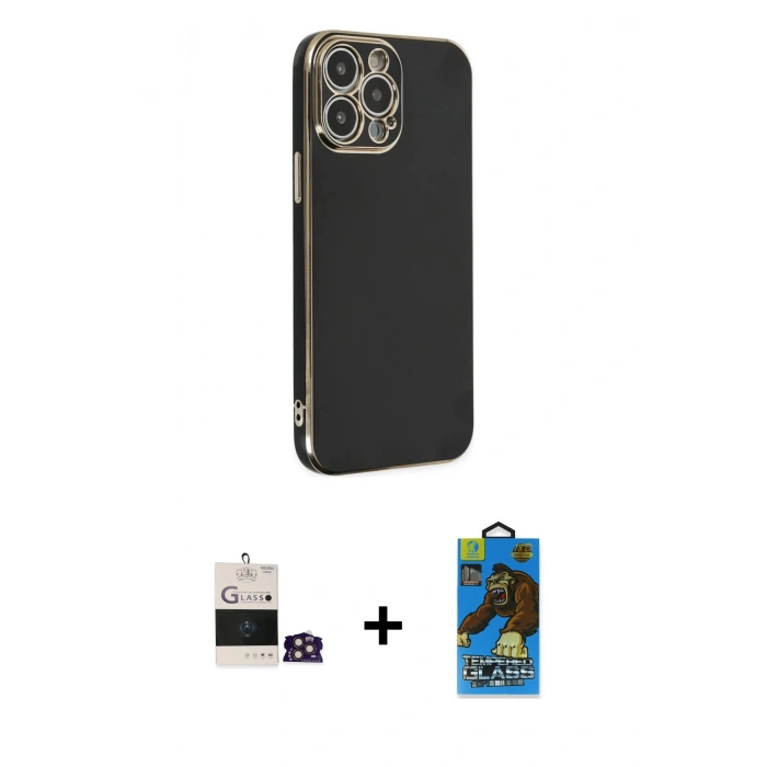 MARSİLYAN™- iPhone 14 Pro Max Kılıf Yankı Serisi - Siyah 18D Cam Ekran Koruyucu + Bilvis Titan Kamera Lens - GD