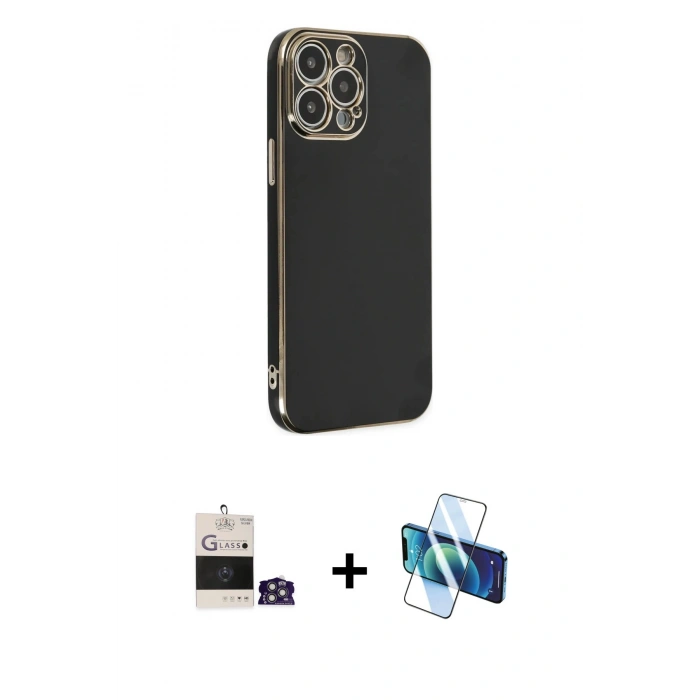 MARSİLYAN™- iPhone 14 Pro Max Kılıf Yankı Serisi - Siyah 3D Antistatik Cam Ekran Koruyucu + Bilvis Titan Kamera Lens - GS