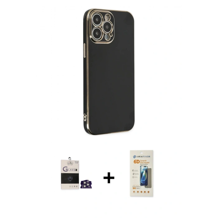 MARSİLYAN™- iPhone 14 Pro Max Kılıf Yankı Serisi - Siyah 6D Mat Seramik Hayalet Nano Ekran Koruyucu + Bilvis Titan Kamera Lens - GS