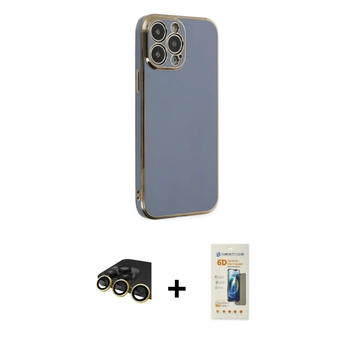 MARSİLYAN™- iPhone 14 Pro Max Kılıf Yankı Serisi - Siyah 6D Mat Seramik Hayalet Nano Ekran Koruyucu + Gold Raze Metal Kamera Lens