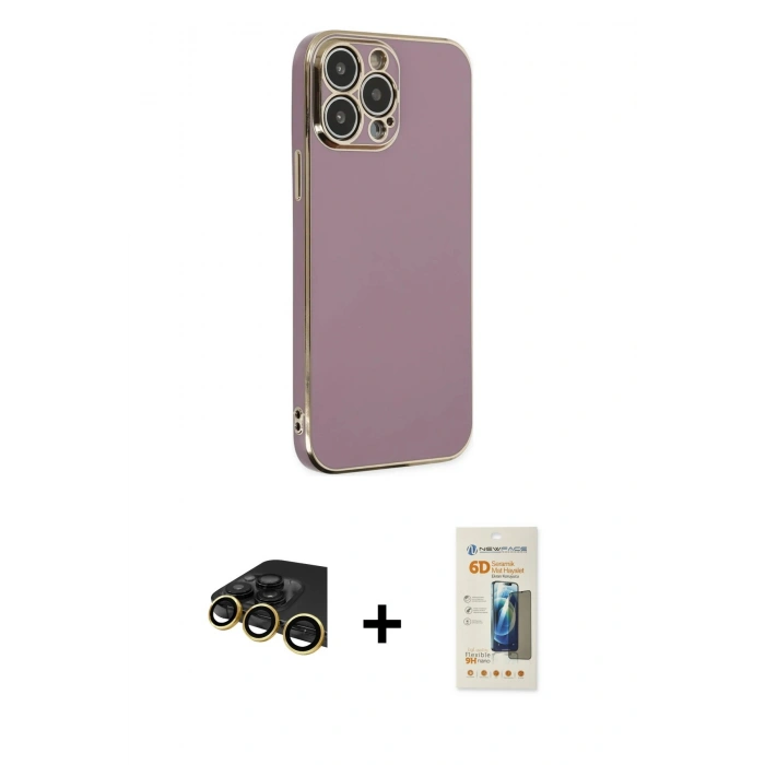 MARSİLYAN™- iPhone 14 Pro Max Kılıf Yankı Serisi - Siyah 6D Mat Seramik Hayalet Nano Ekran Koruyucu + Gold Raze Metal Kamera Lens