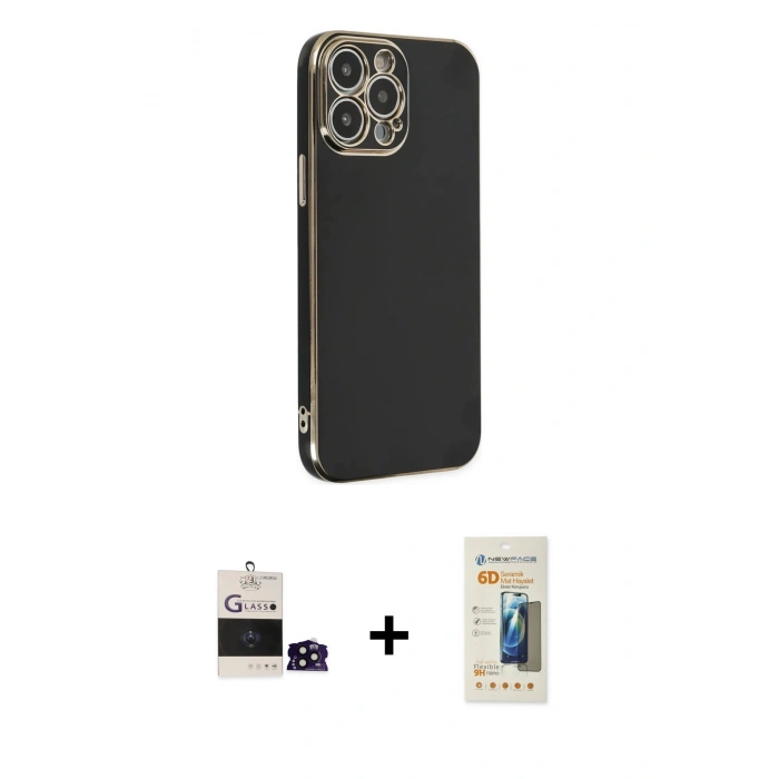 MARSİLYAN™- iPhone 14 Pro Max Kılıf Yankı Serisi - Siyah 6D Mat Seramik Hayalet Nano Ekran Koruyucu + Siyah Bilvis Titan Kamera Lens