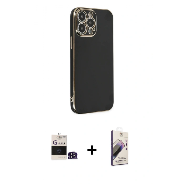 MARSİLYAN™- iPhone 14 Pro Max Kılıf Yankı Serisi - Siyah Bilvis 3D Mat Cam Ekran Koruyucu + Bilvis Titan Kamera Lens - DNMR