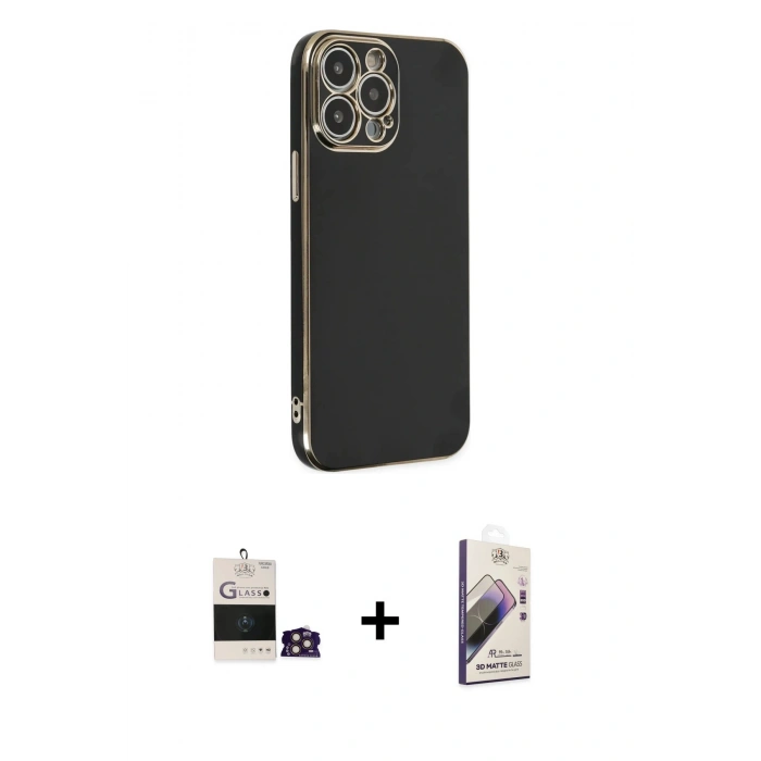 MARSİLYAN™- iPhone 14 Pro Max Kılıf Yankı Serisi - Siyah Bilvis 3D Mat Cam Ekran Koruyucu + Gold Bilvis Titan Kamera Lens