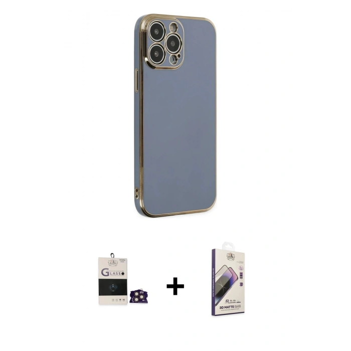 MARSİLYAN™- iPhone 14 Pro Max Kılıf Yankı Serisi - Siyah Bilvis 3D Mat Cam Ekran Koruyucu + Gold Bilvis Titan Kamera Lens
