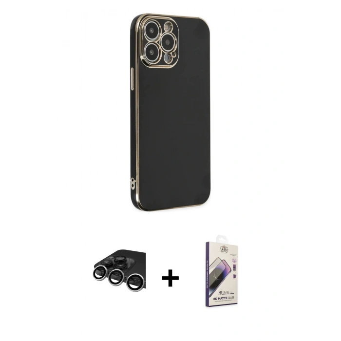 MARSİLYAN™- iPhone 14 Pro Max Kılıf Yankı Serisi - Siyah Bilvis 3D Mat Cam Ekran Koruyucu + Raze Metal Kamera Lens - GS