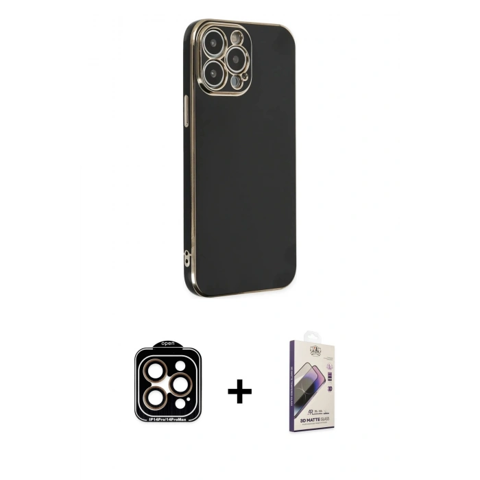 MARSİLYAN™- iPhone 14 Pro Max Kılıf Yankı Serisi - Siyah Bilvis 3D Mat Cam Ekran Koruyucu + PVD Metal Kamera Lens - TU